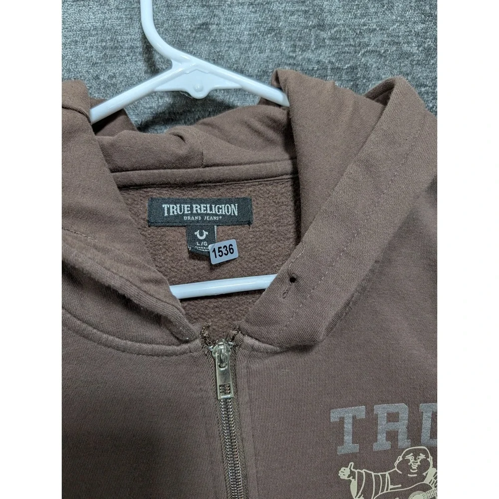 True Religion Mens Buddha Logo Zip Up Hoodie Brown Graphic Sweatshirt Size L